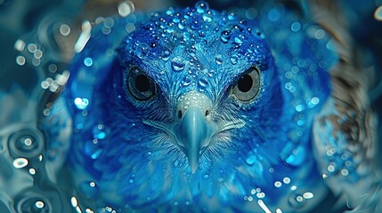 Wall Mural -   A photo of a blue bird with water droplets on its face and a backdrop of water