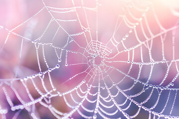 A close-up photo of a dew-covered spider web in the early morning light, showing intricate patterns and reflections