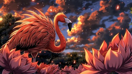 Wall Mural -   Flamingo standing in flower field against cloudy sky with stars above