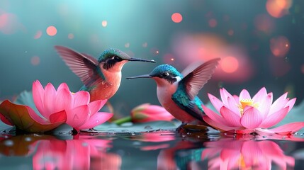 Wall Mural -   A pair of birds perched on a pink blossom adjacent to a tranquil pond filled with water lilies