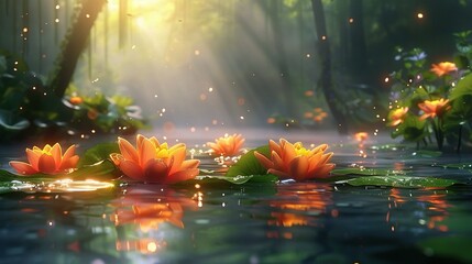 Wall Mural -   A cluster of water lilies resting atop a lake amidst a verdant forest brimming with numerous leaves