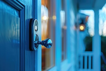 Poster - A photo of a smart doorbell with a builtin camera installed by a security system expert. The homeowners can now see who is at the door from their phone and even communicate