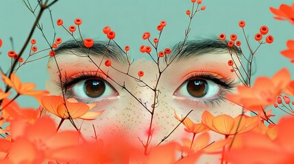 Poster -   A close-up portrait of a woman surrounded by vibrant flowers against a serene blue sky backdrop