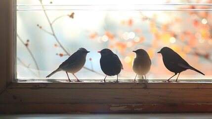 Wall Mural -   A group of birds perched on a sunlit window sill