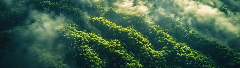 Wall Mural - Aerial view of lush green forest mountains covered in mist, capturing the serene beauty and tranquility of nature from above.