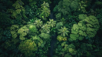 Poster - Aerial view of lush green rainforest canopy with diverse trees and vegetation. Dense foliage showcasing tropical biodiversity from above.
