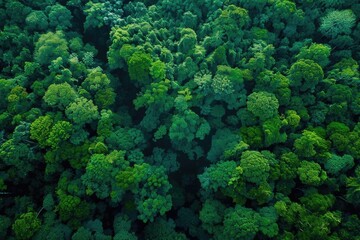 Poster - Aerial view of lush green forest canopy, showcasing dense trees and vibrant foliage in a natural landscape.
