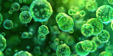 Wall Mural - The Microscopic Cleanse: A close-up shot of vivid green liquid, droplets of disinfectant suspended in mid-air