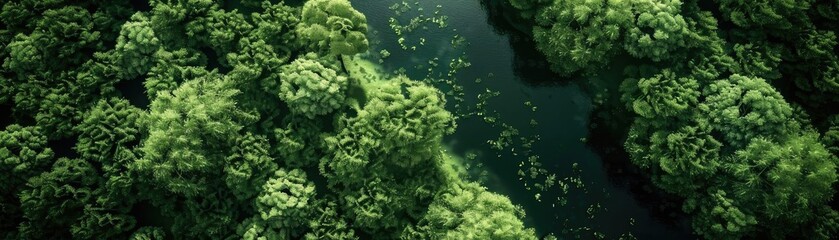 Poster - Aerial view of a lush, green forest canopy with a winding river cutting through, showcasing nature's beauty from above.