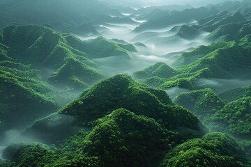 Poster - Stunning aerial view of lush, green mountains covered in fog, creating an ethereal landscape with serene, rolling hills and valleys.