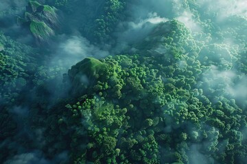 Poster - Aerial view of a lush green forest with mist and clouds enveloping the treetops, creating a serene and mystical natural landscape.