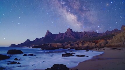 Wall Mural -   The star-studded night sky sits above the serene ocean, with majestic mountains framing the foreground