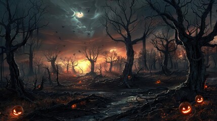 Poster - Spooky Halloween night scene with glowing jack-o'-lanterns, eerie trees, and a haunting moonlit sky, creating a dark and mysterious atmosphere.
