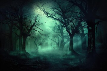 Aufkleber - Mysterious foggy dark forest with silhouetted trees and eerie atmosphere, perfect for horror themes and Halloween backgrounds.