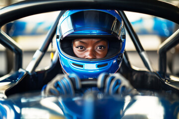 Black Female race car driver in a blue helmet, intensely focused at the start line, embodying concentration and determination