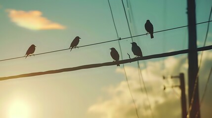 Power Transmission Lines of Electricity. Scenic Footage with some birds sitting on the wire of electricity