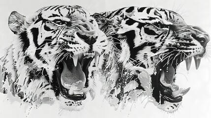 Wall Mural -   A photo of two tigers with wide-open mouths