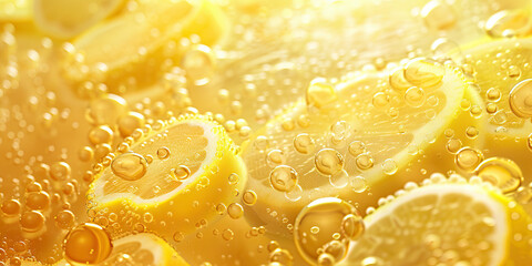 Poster - Lemon yellow disinfectant particle effectiveness microbiology.  Close up liquid cleaner.