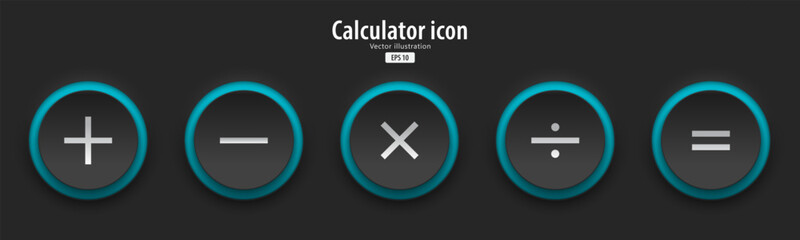 Aufkleber - A set of black round buttons with calculator symbols. Add icon, minus, multiply, divide, equal. 3D Neumorphism design style for Apps, Websites, Interfaces, and mobile apps. UI UX. Vector illustration.