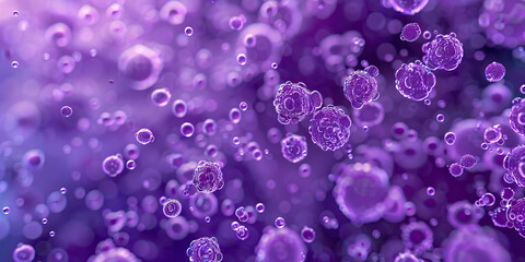 Wall Mural - Amethyst Purple Sanitizer Disruption: High-resolution view of amethyst purple-colored sanitizer particles, depicting microbial cell disruption and decontamination