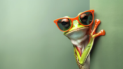 Tree frog with sunglasses peeks out from behind a corner on a green background. Amphibian. Wildlife Animals.