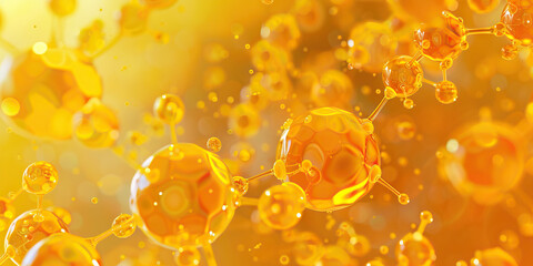 Wall Mural - Golden Yellow Enzymatic Cleaner Breakdown: Detailed view of golden yellow-colored enzymatic cleaner molecules, depicting organic matter breakdown