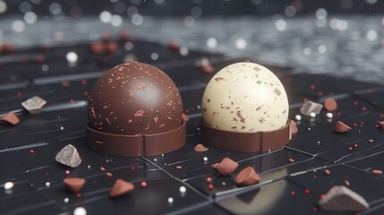 Wall Mural -   Two chocolate eggs perched together on a black background, surrounded by red and white confetti
