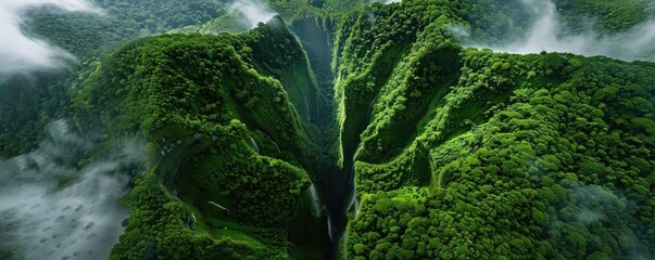 Poster - A breathtaking aerial view of a lush green canyon surrounded by thick forest and misty clouds, showcasing nature's beauty and grandeur.