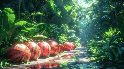 Sticker -   A row of watermelons perched atop a dusty road amidst a verdant forest