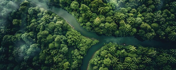 Poster - Aerial view of dense, lush rainforest with winding river cutting through, covered by mist. Nature, tranquility, and biodiversity at its finest.