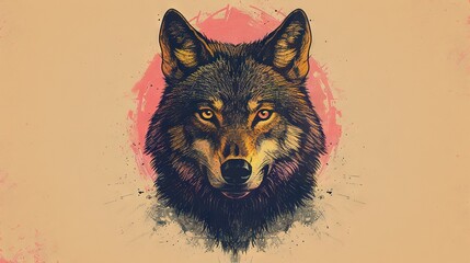 Wall Mural -  A wolf's head drawn on a pink-beige background with a central red mark