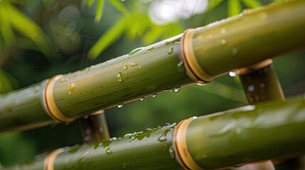 Aufkleber - Close-up of bamboo poles with water droplets, highlighting the natural beauty of bamboo in a serene, green environment.