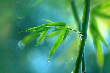 Aufkleber - Close-up of fresh green bamboo leaves with morning dew, captured in a serene and natural setting, signifying tranquility and growth.