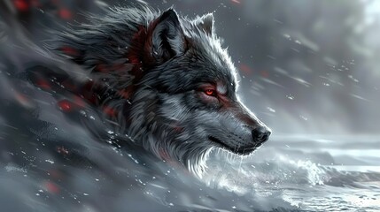 Wall Mural -   A wolf with red eyes walks through snowstorm-tossed water