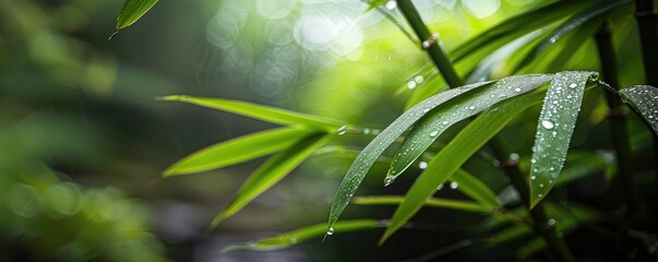 Poster - Close-up of fresh green bamboo leaves with droplets of water in a lush, blurred tropical background, highlighting nature's beauty and serenity.