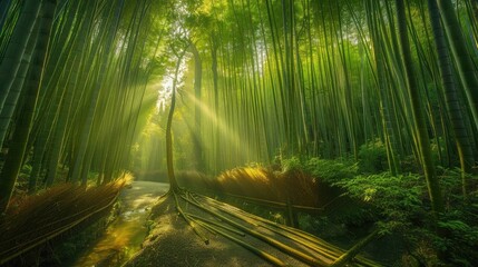 Poster - Serene bamboo forest with sunlight piercing through the tall trees, creating a calm and peaceful atmosphere. Perfect for nature and forest-themed designs.