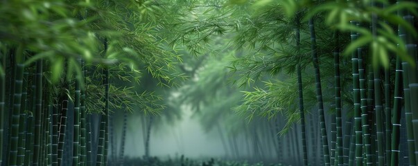 Poster - Serene bamboo forest path enveloped in lush green foliage, creating a tranquil and peaceful atmosphere perfect for relaxation and nature lovers.