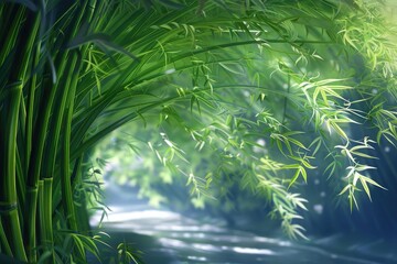 Poster - Serene bamboo forest path with sunlight filtering through the leaves, creating a tranquil and peaceful natural scene.
