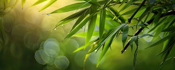 Poster - Sunlit bamboo leaves with morning dew, creating a peaceful and natural background with a bokeh effect.