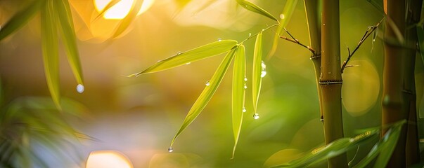 Poster - Serene close-up of bamboo leaves with dewdrops in a lush green forest, illuminated by warm sunlight, perfect for nature-themed backgrounds.