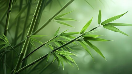Poster - Serene green bamboo stalks with lush leaves, captured in a tranquil, misty environment, evoking a sense of nature's peaceful beauty.