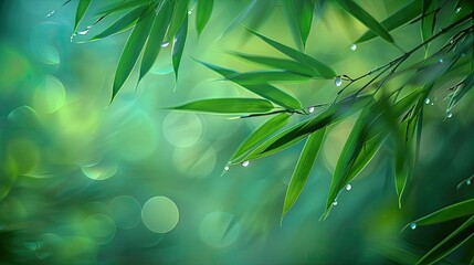 Aufkleber - Beautiful green bamboo leaves with dewdrops on a blurred bokeh background, creating a serene and tranquil nature scene.