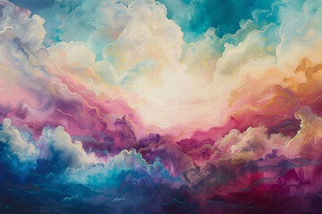 Aufkleber - Radiant clouds of diverse hues drift and fuse, painting a serene and fluid mosaic in a liquid canvas.