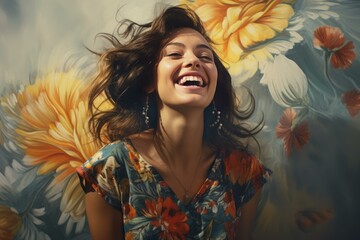 Joyful young woman with a vibrant floral backdrop, exuding happiness and energy