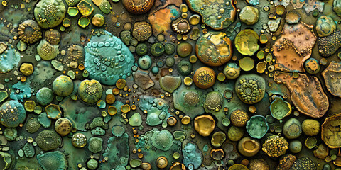 Muddy Mess Mosaic: High-resolution microscopy of a mosaic of muddy and microbiome-rich textures, colored in muddy greens, earthy browns, and gritty yellows