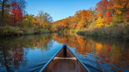 Wall Mural - A vibrant autumn landscape in a national park, with a winding river cutting through a forest of trees in full fall colors. The foliage is a stunning mix of reds, oranges, and yellows, and the clear bl