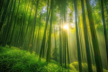 Wall Mural - Sunlight streaming through a lush, green bamboo forest, creating a serene and tranquil natural scene filled with tall bamboo stalks.