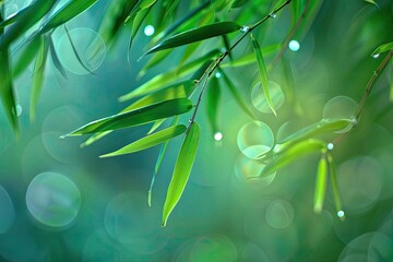 Poster - Close-up of fresh green bamboo leaves with dewdrops, capturing the natural beauty and serenity in a tranquil, blurred background.