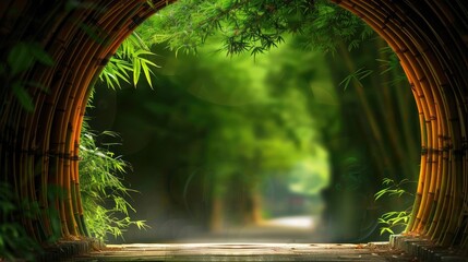 Wall Mural - A serene bamboo forest tunnel with lush green foliage and a peaceful pathway, creating a tranquil and natural atmosphere.