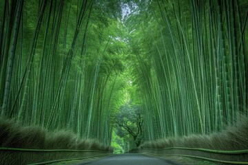Poster - Enchanting bamboo forest path in Arashiyama, Kyoto, Japan, with towering green bamboo trees creating a serene, tranquil, and lush natural tunnel.